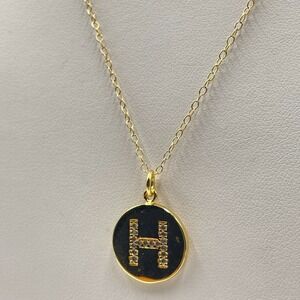 VTG Y2K Gold Tone Rhinestone Initial H Round Disc Pendant Necklace Minimalist